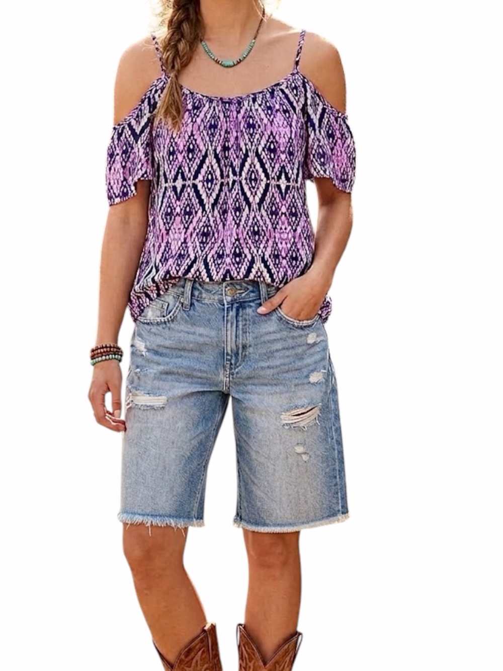 One Clothing Los Angeles pink blue white print cold shoulder top L